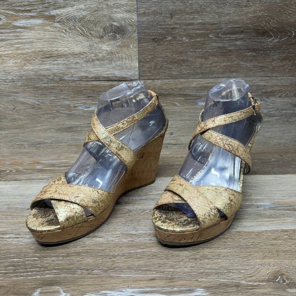 Alfani Jersey Cork Wedge Gold Reptile Pattern Strappy Sandal Women's Size 9
